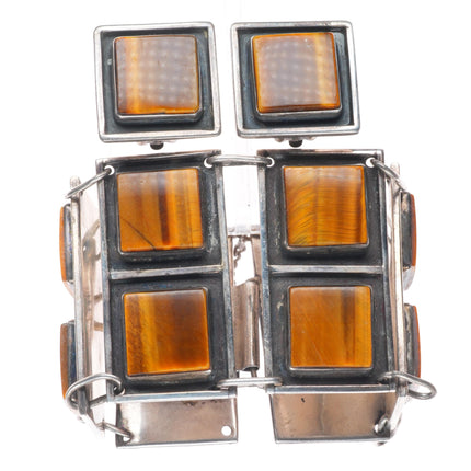7" vintage modernist sterling silver tiger's eye link bracelet/clip earrings