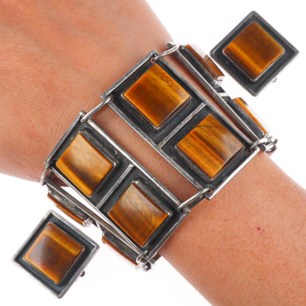 7" vintage modernist sterling silver tiger's eye link bracelet/clip earrings