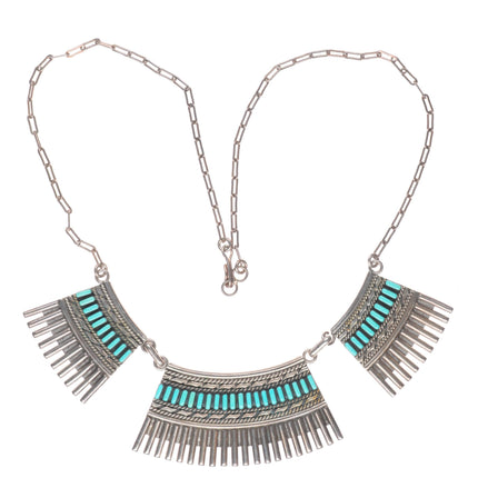 18" vintage H Hattie Zuni sterling silver needlepoint turquoise bib necklace