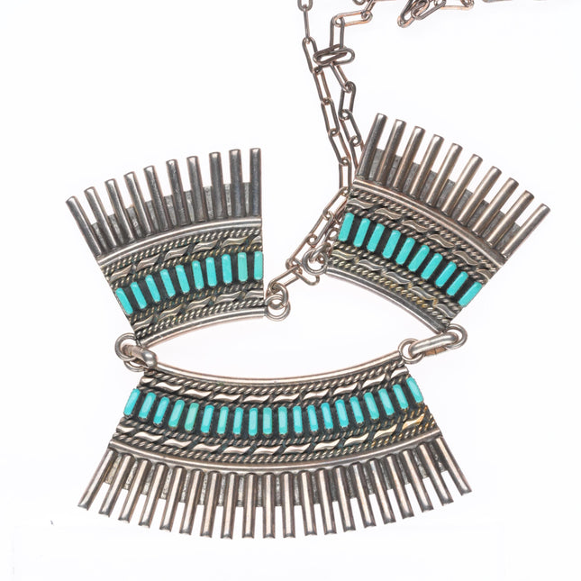 18" vintage H Hattie Zuni sterling silver needlepoint turquoise bib necklace