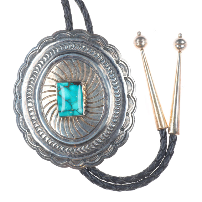 vintage Navajo sterling silver stamped concho sterling silver turquoise bolo tie