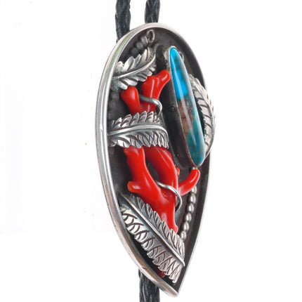 William Singer Navajo Bisbee Turquoise branch coral sterling silver bolo tie