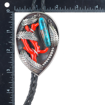 William Singer Navajo Bisbee Turquoise branch coral sterling silver bolo tie