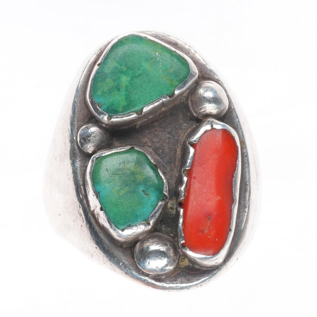 sz12 vintage Navajo sterling silver green turquoise/coral men's ring
