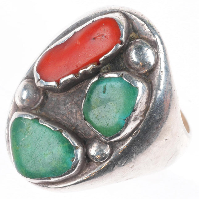 sz12 vintage Navajo sterling silver green turquoise/coral men's ring