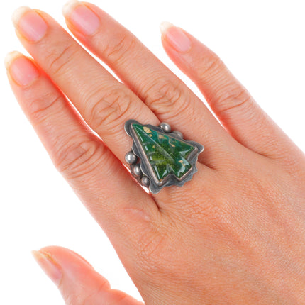 sz8 c1940's Navajo carved Cerrillos turquoise arrowhead sterling silver ring