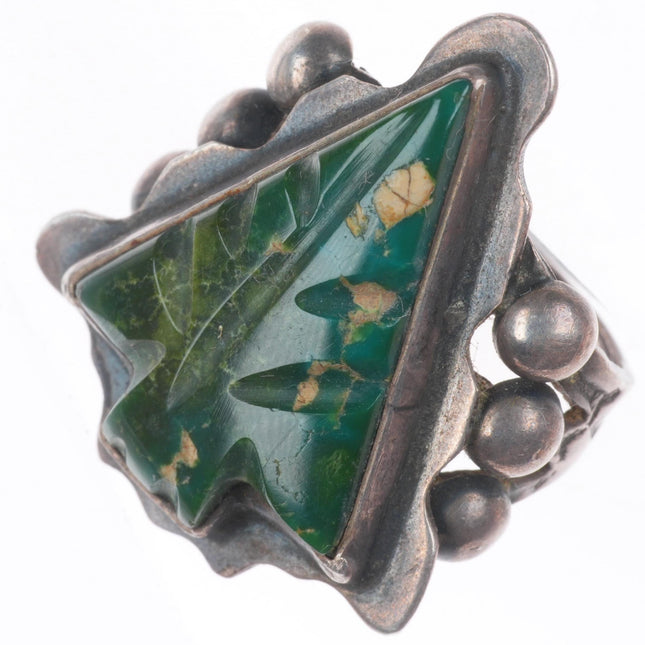sz8 c1940's Navajo carved Cerrillos turquoise arrowhead sterling silver ring