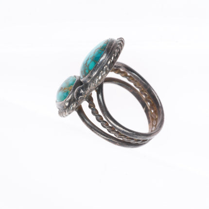 sz7 vintage Navajo high grade turquoise two stone sterling silver ring