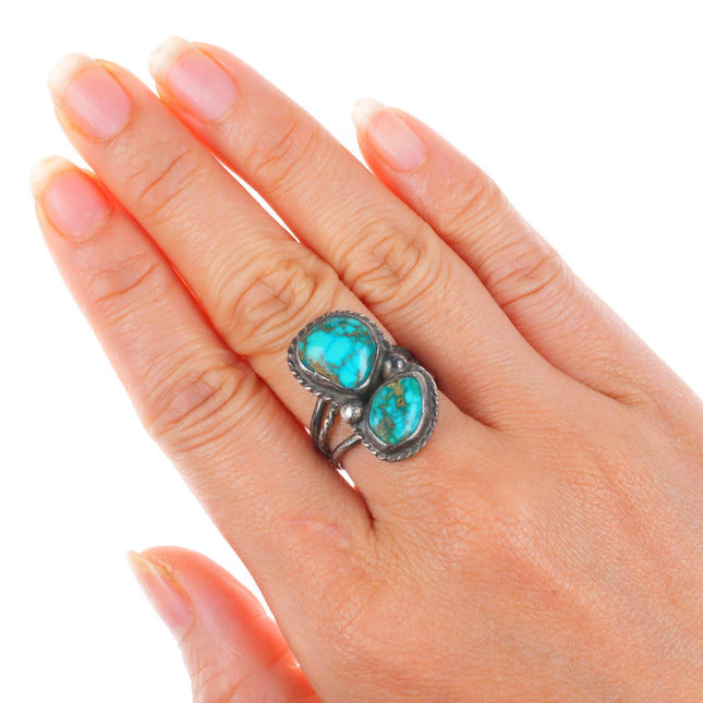 sz7 vintage Navajo high grade turquoise two stone sterling silver ring