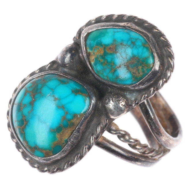 sz7 vintage Navajo high grade turquoise two stone sterling silver ring