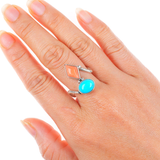 sz8.5 Veronica Poblano Zuni sterling silver modernist turquoise/coral ring