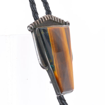 vintage tiger's eye sterling silver bolo tie with incredible Navajo tips