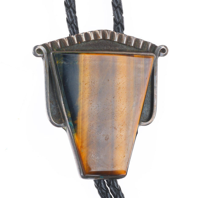 vintage tiger's eye sterling silver bolo tie with incredible Navajo tips
