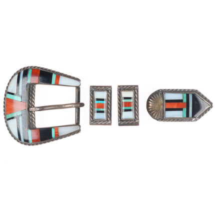 3/4" c1950 vintage Zuni sterling silver stone/shell inlay ranger belt buckle set