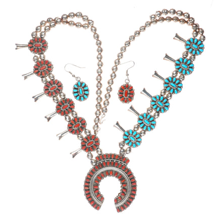 James Navajo reversible turquoise/coral sterling silver squash blossom necklace