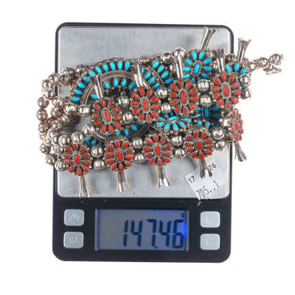 James Navajo reversible turquoise/coral sterling silver squash blossom necklace