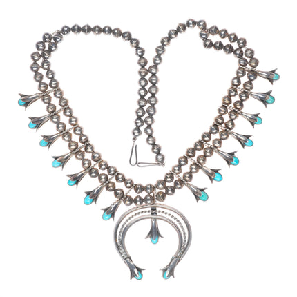 50's-60's Vintage Navajo sterling silver squash blossom necklace with turquoise