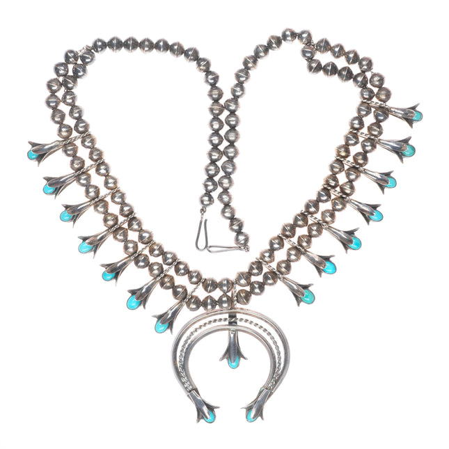 50's-60's Vintage Navajo sterling silver squash blossom necklace with turquoise