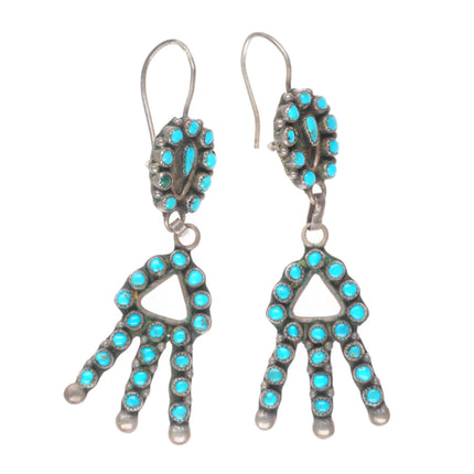 Vintage Zuni sterling silver snake eye turquoise blossom end dangle earrings