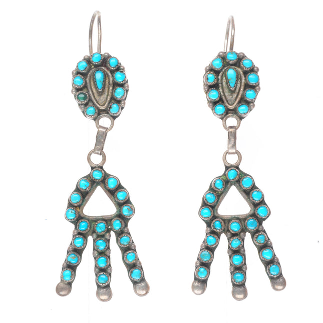 Vintage Zuni sterling silver snake eye turquoise blossom end dangle earrings