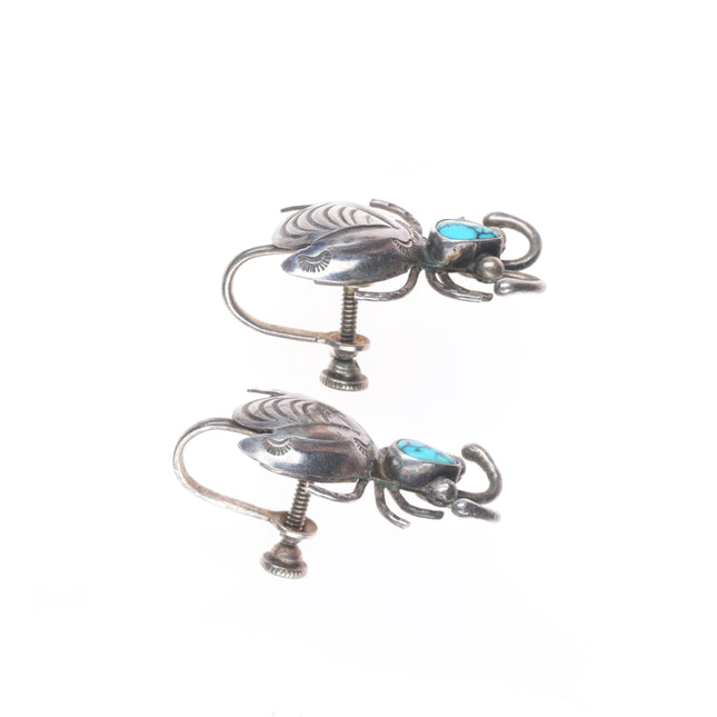 Vintage Navajo #8 turquoise sterling silver bug/bee/fly earrings screw back
