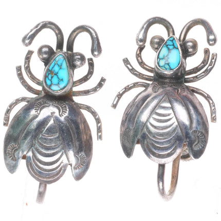 Vintage Navajo #8 turquoise sterling silver bug/bee/fly earrings screw back