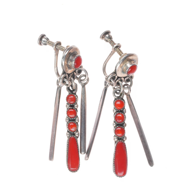 Vintage Native American modernist sterling silver coral screw back earrings
