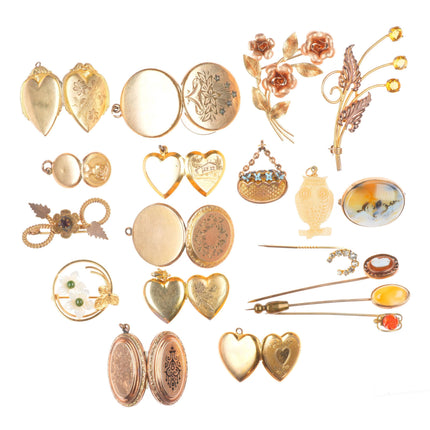 Estate Collection Antique Gold filled lockets, pendants, brooches, stickpins/etc