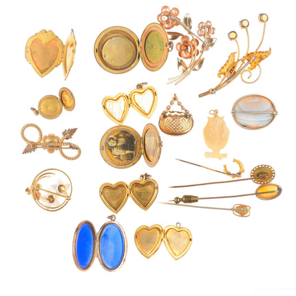 Estate Collection Antique Gold filled lockets, pendants, brooches, stickpins/etc