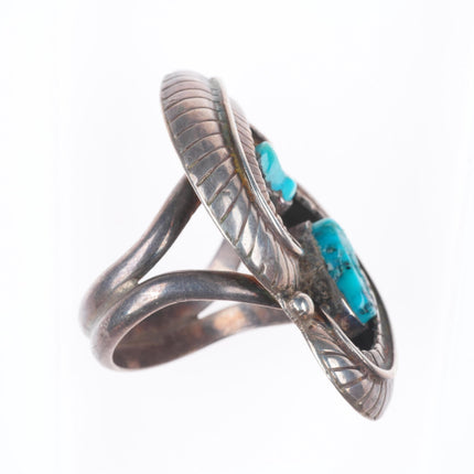 sz10 Big vintage Navajo sterling silver turquoise curly feather ring