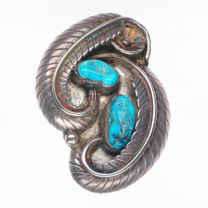 sz10 Big vintage Navajo sterling silver turquoise curly feather ring