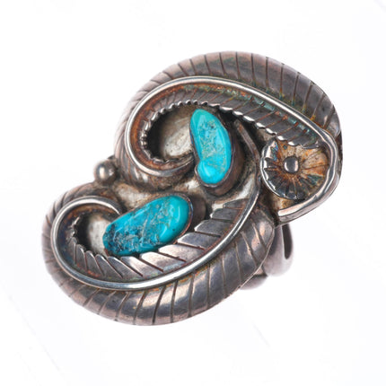 sz10 Big vintage Navajo sterling silver turquoise curly feather ring