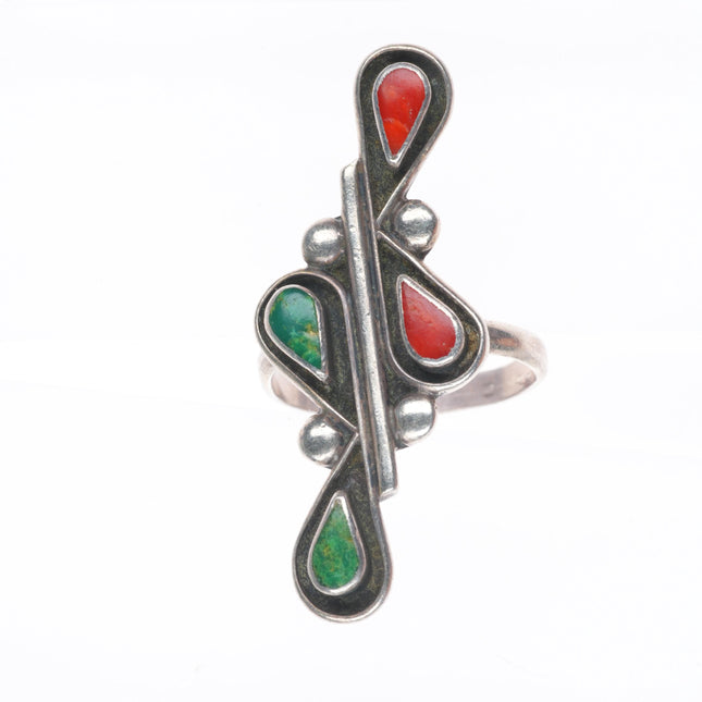 sz7 vintage Zuni sterling silver green turquoise and coral  long ring