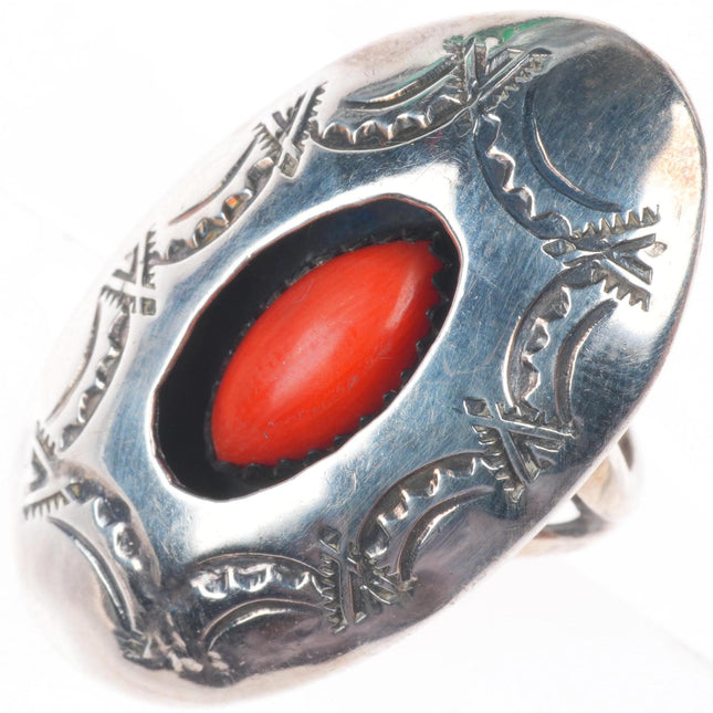 sz6.5 Raymond C Yazzie Navajo sterling silver coral shadowbox stamped ring