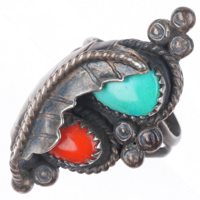 sz8 vintage Jimmy Herald Jr Navajo sterling silver turquoise/coral feather ring
