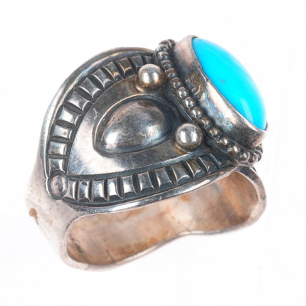 sz7.5 Derrick Gordon Navajo sterling silver deep stamped concho ring w/turquoise