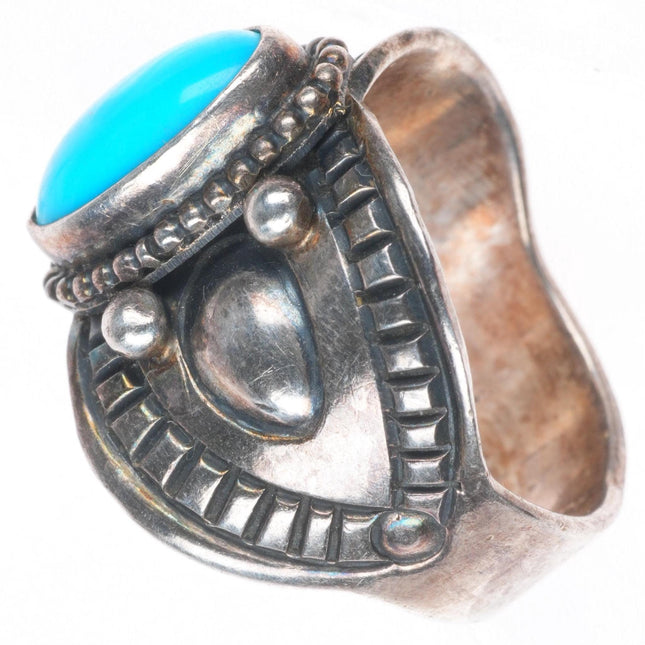 sz7.5 Derrick Gordon Navajo sterling silver deep stamped concho ring w/turquoise