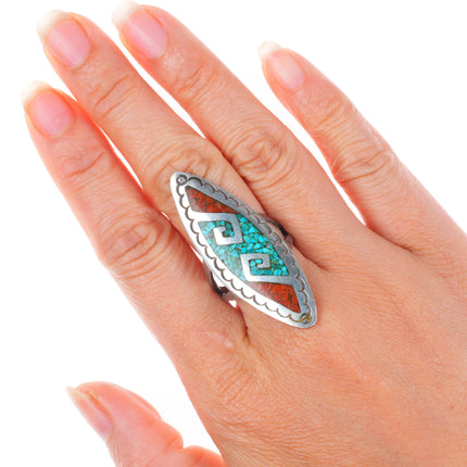 sz9 BS Navajo vintage sterling silver turquoise chip inlay long pointy ring