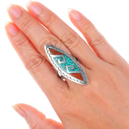 sz9 BS Navajo vintage sterling silver turquoise chip inlay long pointy ring