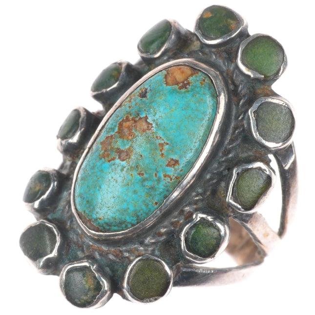 sz6 1920s Antique Navajo Ingot Silver Cerrillos turquoise satellite cluster ring