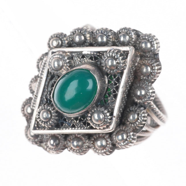 sz4 vintage sterling silver poison ring filigree with green stone
