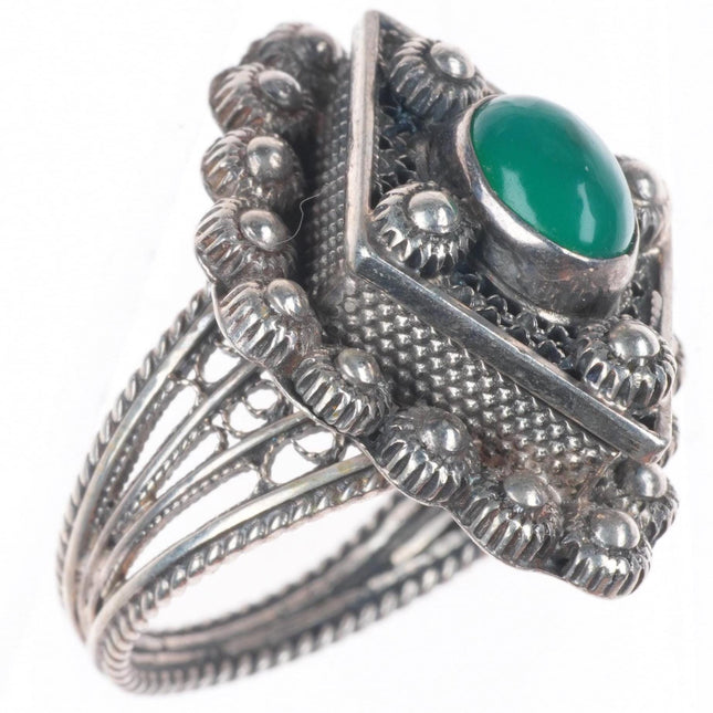 sz4 vintage sterling silver poison ring filigree with green stone