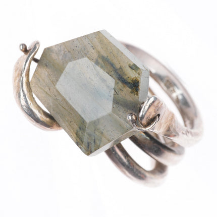 sz8.5 vintage modernist sterling silver heavy coiled swiveling crystal ring