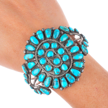 6.3" c1950 Vintage Zuni sterling silver Morenci turquoise cuff bracelet