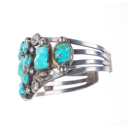 6.4" Vintage Zuni sterling silver carved turquoise cluster cuff bracelet