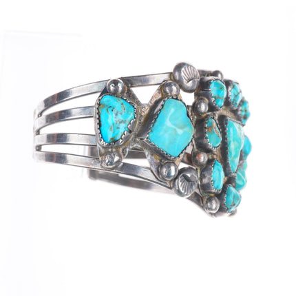 6.4" Vintage Zuni sterling silver carved turquoise cluster cuff bracelet