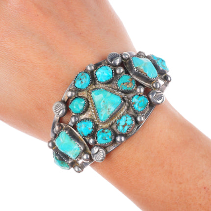 6.4" Vintage Zuni sterling silver carved turquoise cluster cuff bracelet