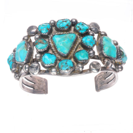 6.4" Vintage Zuni sterling silver carved turquoise cluster cuff bracelet