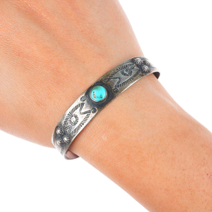 6.4" 1940's Vintage Navajo hand stamped sterling silver turquoise cuff bracelet