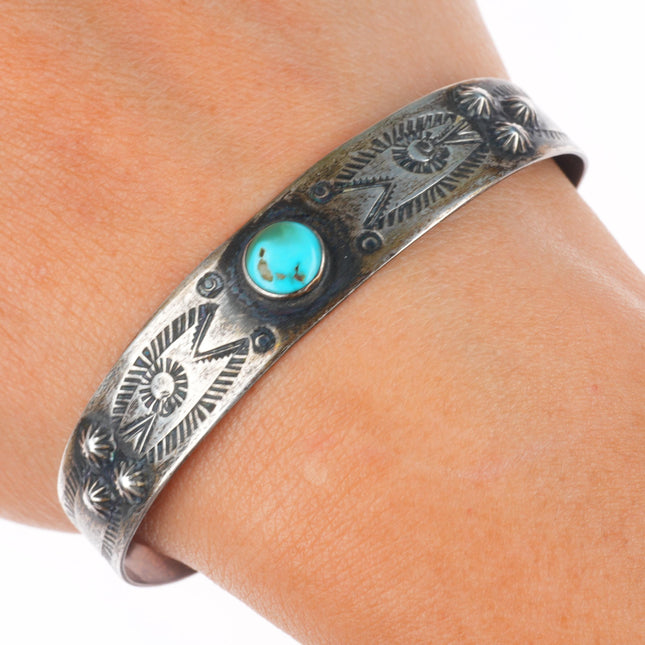 6.4" 1940's Vintage Navajo hand stamped sterling silver turquoise cuff bracelet